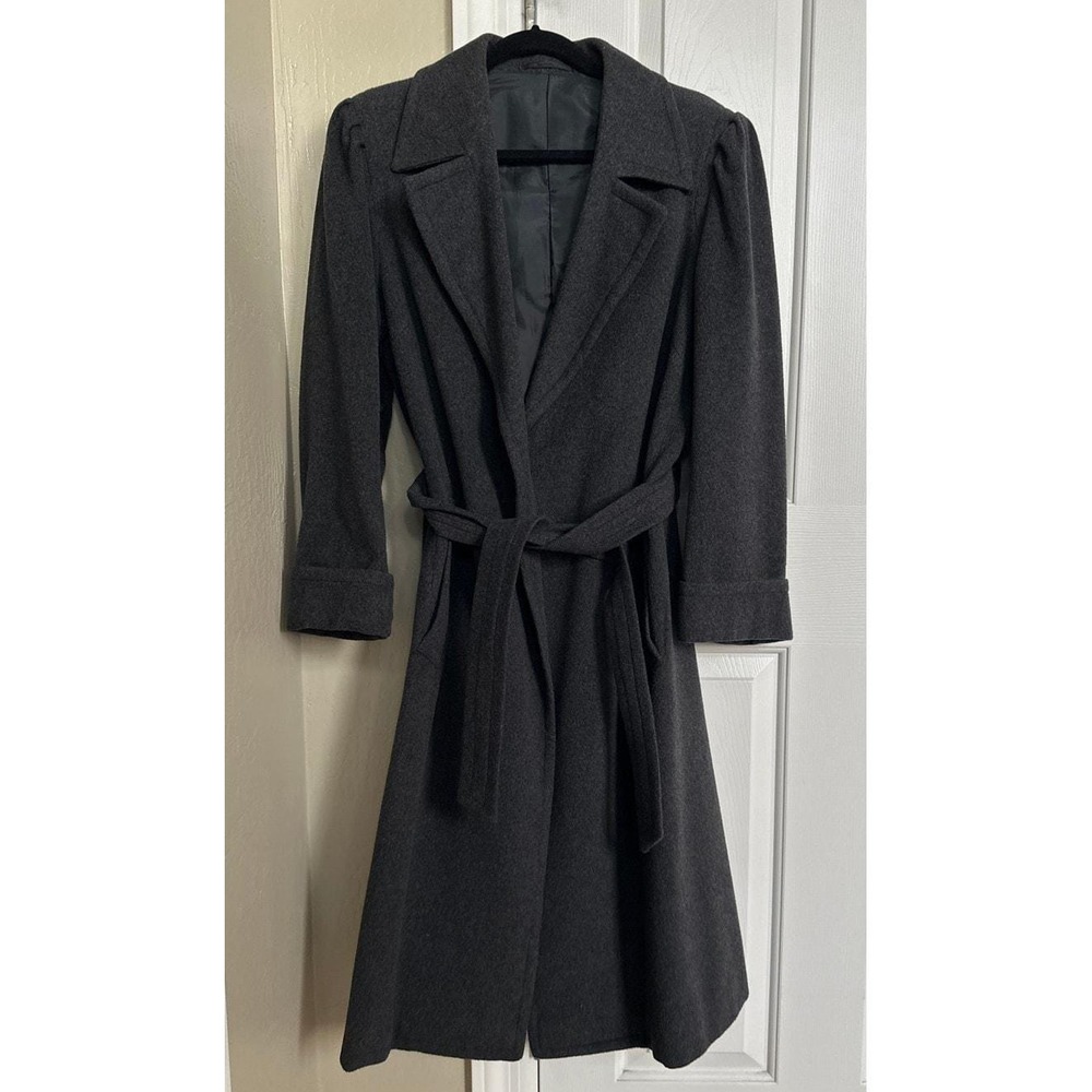 Vintage 100% Cashmere Wrap Coat - Charcoal Grey - Puff Sleeve‎ PTP 20 inches M